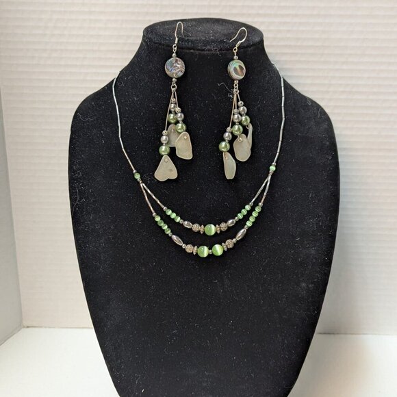 Silver Tone Green Bead Circle Round Dangle Drop Earrings Necklace Set Jewelry - Picture 5 of 10